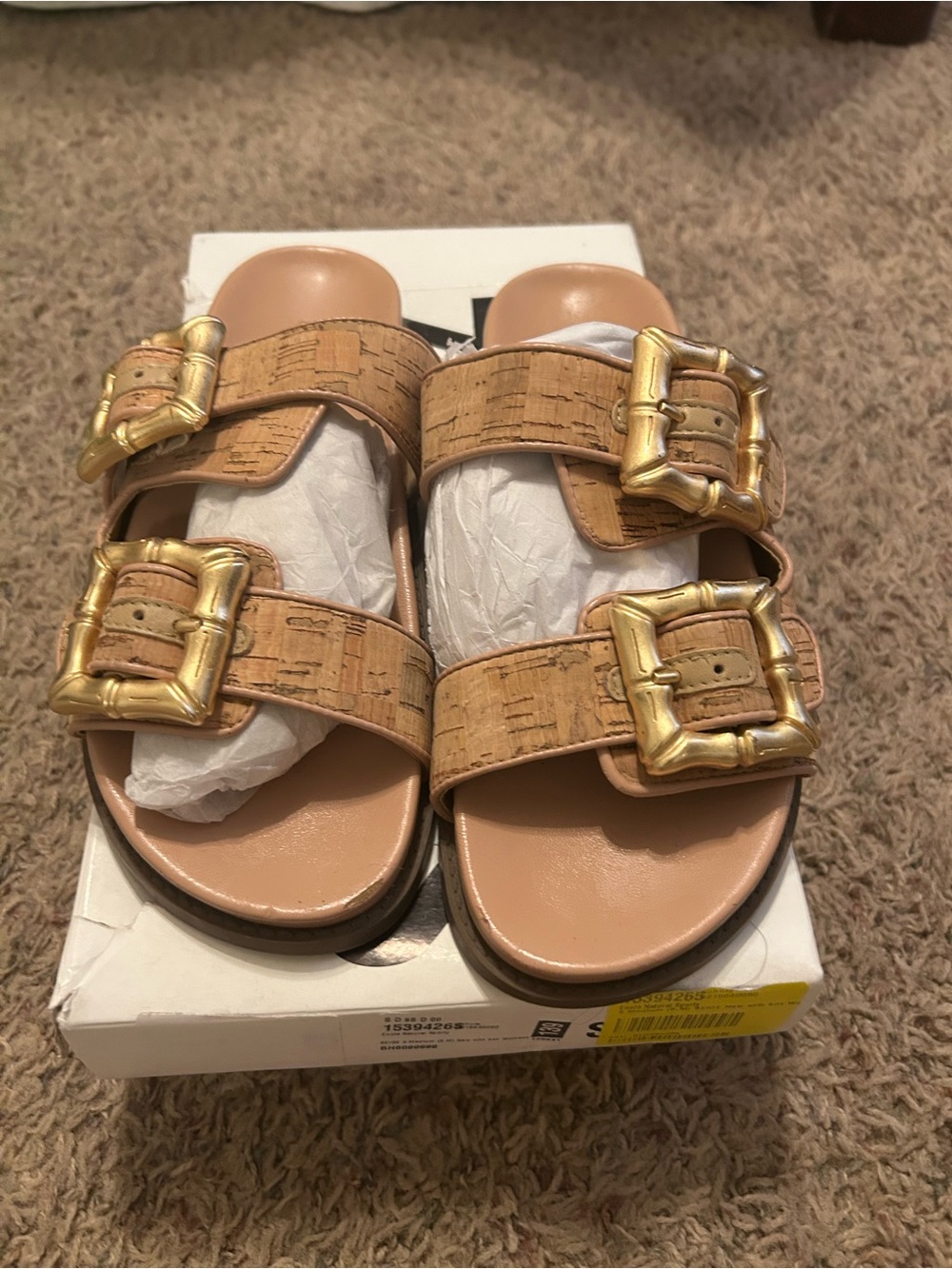SCHUTZ Cork-Textured Tan Slide Sandals with Gold Buckles